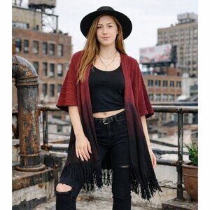 One Size Open Front Ombre Burgundy Black Soft Knitted Cardigan Short Sleeves NEW